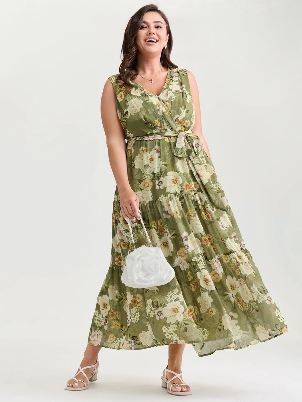 NWT BloomChic Floral Print Waist-Tie Tiered Maxi Dress in Olive Size 10 $49.90